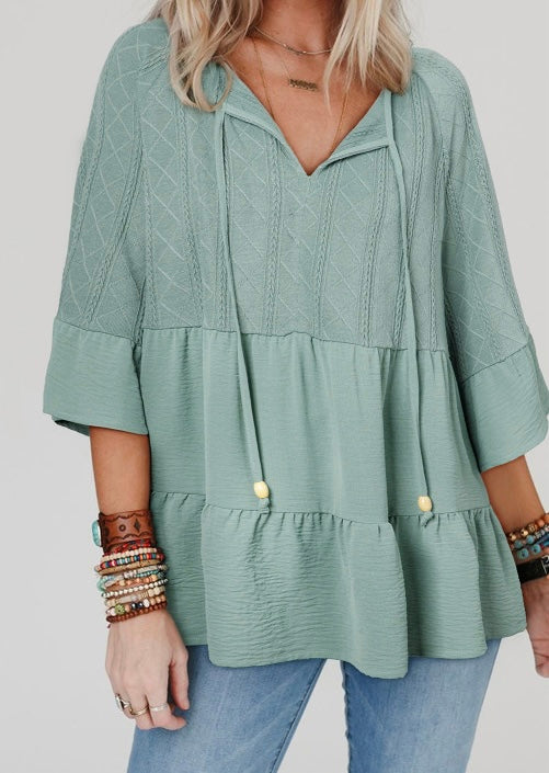 Laurel Green Tie Split Neck Textured Ruffle shirt