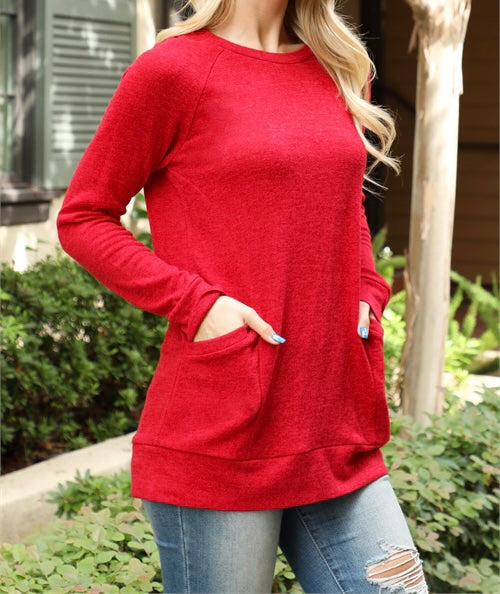 Red knit front pocket top