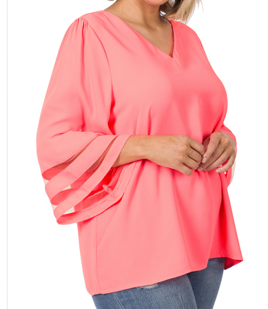 Plus Neon Coral Pink bell sleeve