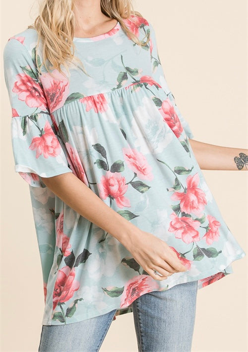 Mint Floral pleated Top